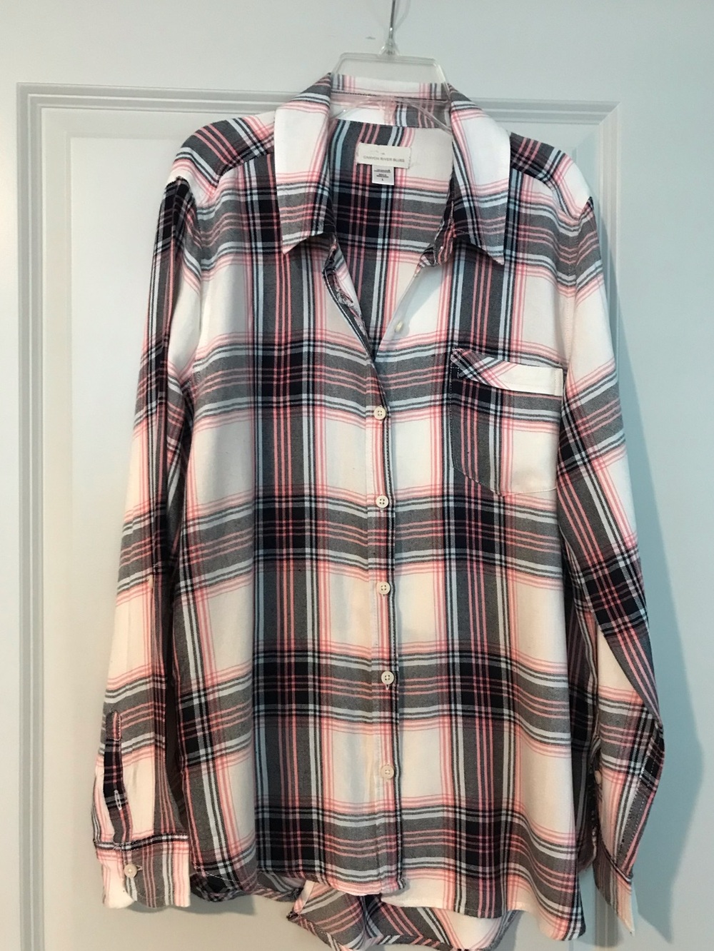 Plaid Button-Up Shirt in White, Black & Pink